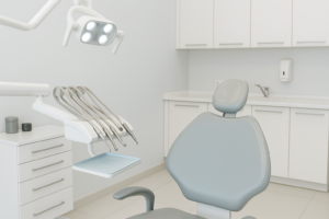 Sillón de clínica dental moderno con instrumental odontológico en ambiente limpio y profesional
