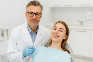 Odontólogo sonriente junto a paciente joven en consulta dental moderna