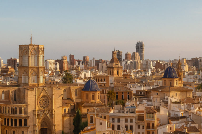 Vista del casco histórico de Valencia con la Catedral y la ciudad moderna al fondo