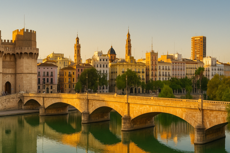 Vista panorámica del centro histórico de Valencia con el Puente de Serranos al atardecer