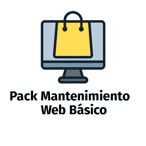 Icono representativo del Pack Mantenimiento Web Básico con monitor, herramientas y elementos de ecommerce sobre fondo blanco