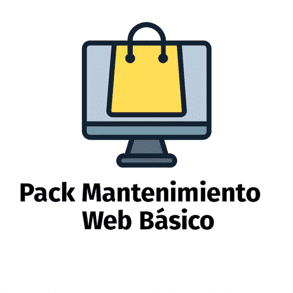 Icono representativo del Pack Mantenimiento Web Básico con monitor, herramientas y elementos de ecommerce sobre fondo blanco