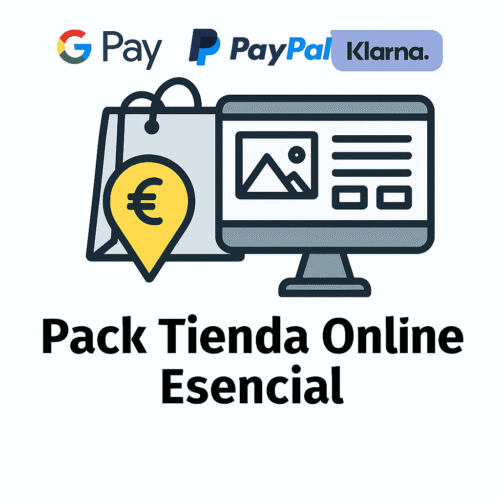Icono de una tienda online con carrito, tarjeta de crédito y pantalla, representando el Pack Tienda Online Esencial sobre fondo blanco