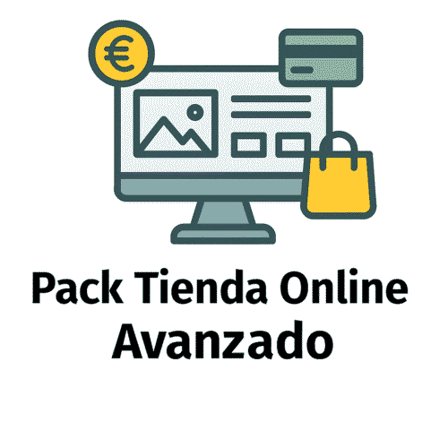 Icono representativo del Pack Tienda Online Avanzado con elementos de ecommerce, pagos online y campañas publicitarias sobre fondo blanco