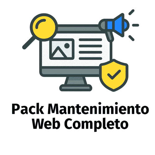 Icono representativo del Pack Profesional de Mantenimiento Web con monitor, gráficos de SEO, Meta Ads y elementos de ecommerce sobre fondo blanco