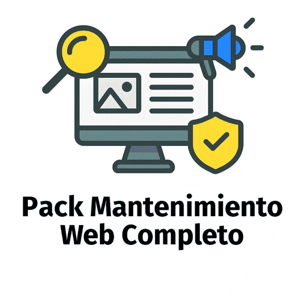 Icono representativo del Pack Profesional de Mantenimiento Web con monitor, gráficos de SEO, Meta Ads y elementos de ecommerce sobre fondo blanco